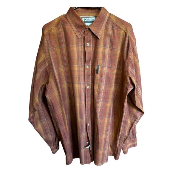 Columbia Men's Light Orange Plaid Long Sleeve Lightweight Button Down Shirt Sz L - Picture 1 of 7